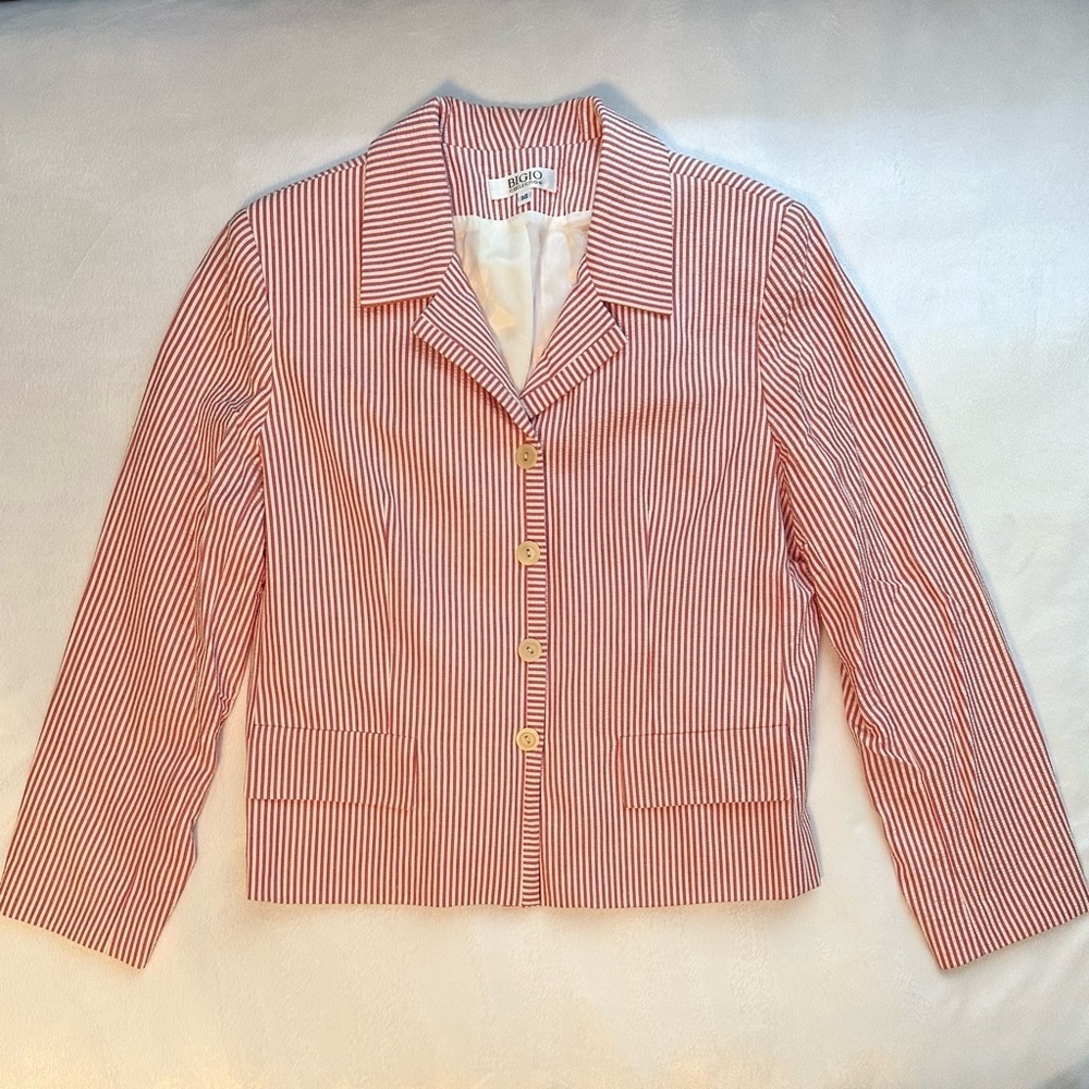 Vintage Bigio Collection Pink Beige Pinstripe Cotton Blazer Jacket Sz 14 Women’s